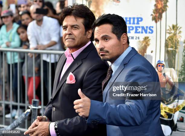 Actors Erik Estrada and Michael Pena arrives at the Premiere Of Warner Bros. Pictures' "CHiPS" at TCL Chinese Theatre on March 20, 2017 in Hollywood,...
