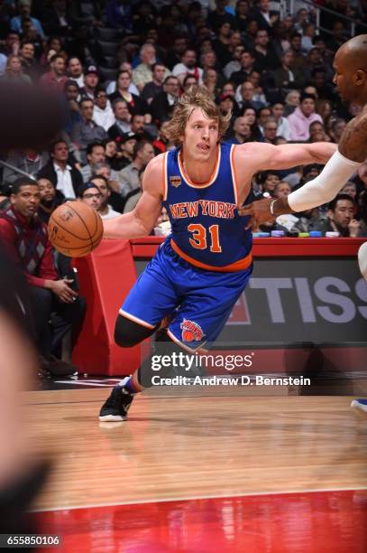 Ron Baker of the New York Knicks handles the ball against the LA Clippers on March 20, 2017 at STAPLES Center in Los Angeles, California. NOTE TO...