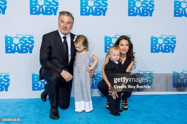 Alec Baldwin, Carmen Gabriela Baldwin, Rafael Thomas Baldwin and Hilaria Baldwin attend "The Boss Baby" New York Premiere at AMC Loews Lincoln Square...