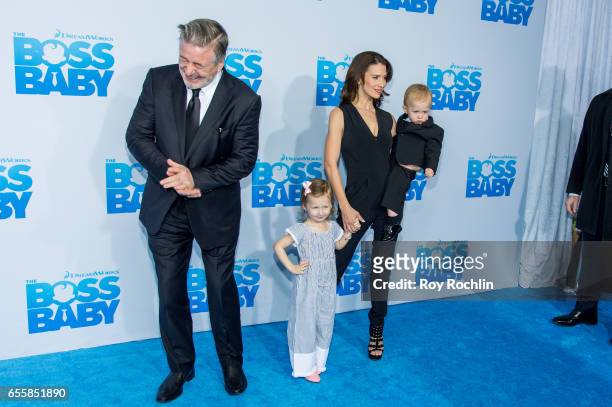 Alec Baldwin, Carmen Gabriela Baldwin, Rafael Thomas Baldwin and Hilaria Baldwin attend "The Boss Baby" New York Premiere at AMC Loews Lincoln Square...