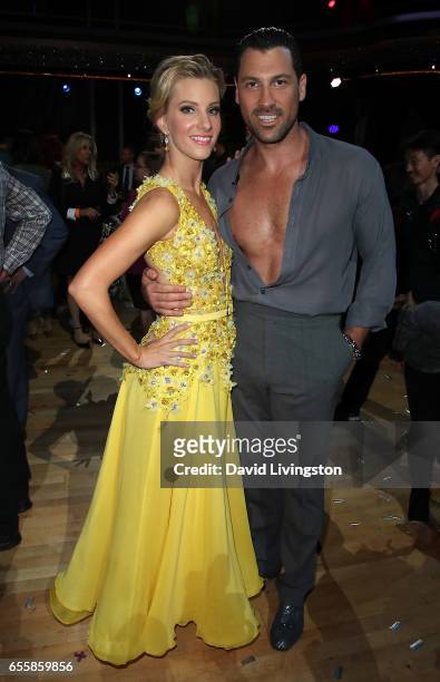 Actress Heather Morris and dancer Maksim Chmerkovskiy attend "Dancing with the Stars" Season 24 premiere at CBS Televison City on March 20, 2017 in...