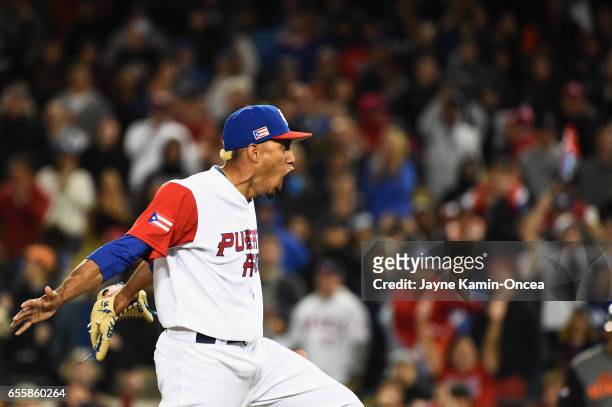 Javier Baez of the Puerto Rico reacts in the ninth inning against team Netherlands during Game 1 of the Championship Round of the 2017 World Baseball...