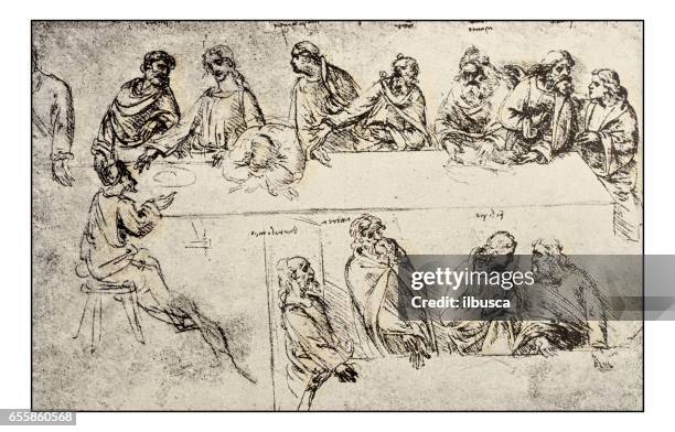 ilustraciones, imágenes clip art, dibujos animados e iconos de stock de bocetos y dibujos de leonardo: la última cena - leonardo da vinci