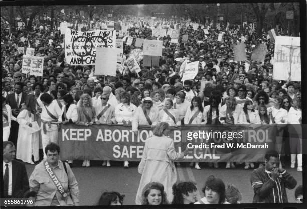 View of celebrity and civilian activists as they behind a 'Keep Abortion & Birth Control Safe and Legal' banner during the March for Women's Lives...