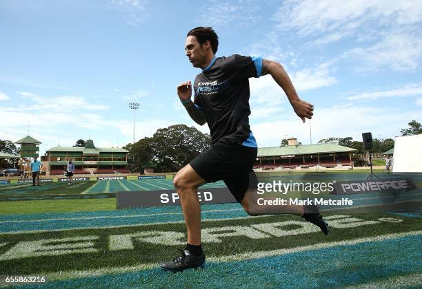 Mitchell Johnson takes part in the speed test during the Powerade Powerscore Launch Event at North Sydney Oval on March 21, 2017 in Sydney, Australia.
