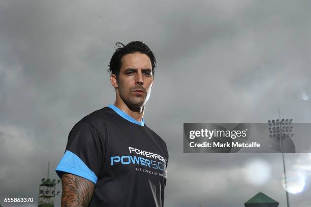 Mitchell Johnson poses during the Powerade Powerscore Launch Event at North Sydney Oval on March 21, 2017 in Sydney, Australia.