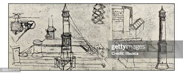 ilustraciones, imágenes clip art, dibujos animados e iconos de stock de bocetos y dibujos de leonardo: proyecto de faro - leonardo da vinci