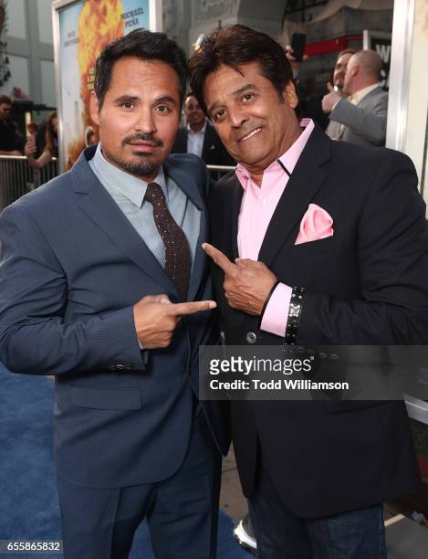 Michael Pena and Erik Estrada attend the premiere of Warner Bros. Pictures' "CHiPS" at TCL Chinese Theatre on March 20, 2017 in Hollywood, California.