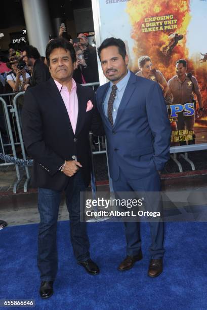Actors Erik Estrada and Michael Peña arrive for the Premiere Of Warner Bros. Pictures' "CHiPS" held at TCL Chinese Theatre on March 20, 2017 in...