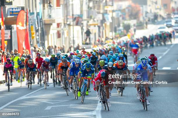 Davide Cimolai of FDJ cycling team and Nacer Bouhanni of Cofidis Solutions Credit cycling team sprint before the finish line, during the first stage...