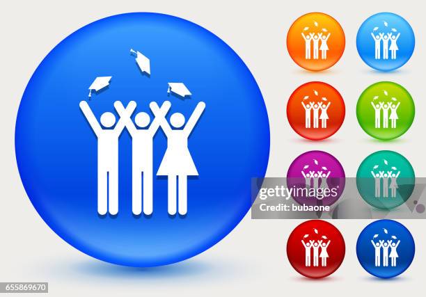 graduating stick figures icon on shiny color circle buttons - glowing red button stock illustrations