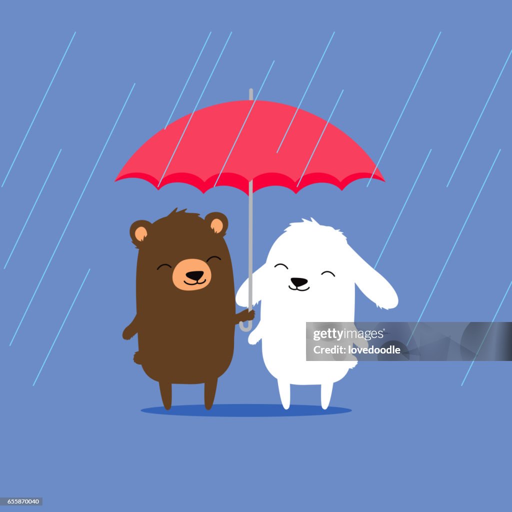 Cute cartoon bear and bunny rabbit sharing umbrella in the rain.