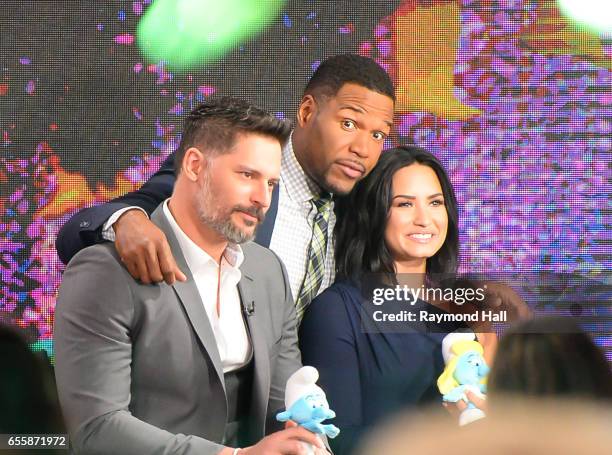 Actors Joe Manganiello and Demi Lovato,Michael Strahan tape an interview at 'Good Morning America' at the ABC Times Square Studios on March 20, 2017...