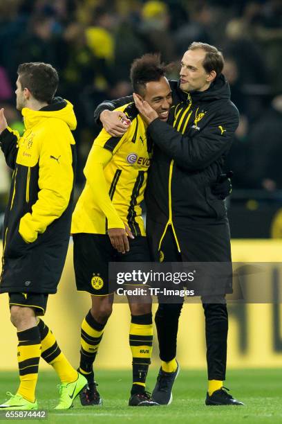 Pierre-Emerick Aubameyang of Dortmund and Head coach Thomas Tuchel of Dortmund celebrate their winduring the Bundesliga match between Borussia...