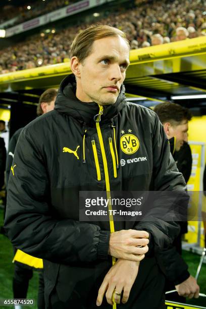 Head coach Thomas Tuchel of Dortmund looks on during the Bundesliga match between Borussia Dortmund and FC Ingolstadt 04 at Signal Iduna Park on...