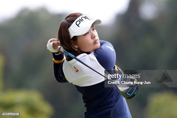 Ai Suzuki of Japan plays a tee shot on 5th hole in the final round during the T-Point Ladies Golf Tournament at the Wakagi Golf Club on March 19,...