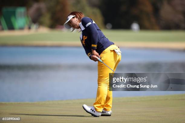 Ai Suzuki of Japan plays a tee shot on the 9th green in the final round during the T-Point Ladies Golf Tournament at the Wakagi Golf Club on March...