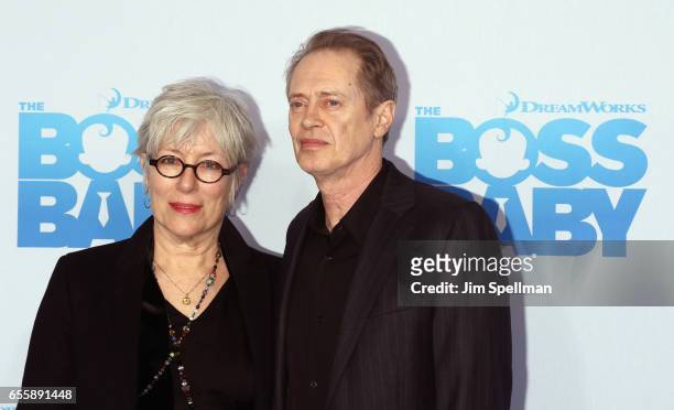 Filmmaker Jo Andres and actor Steve Buscemi attend "The Boss Baby" New York premiere at AMC Loews Lincoln Square 13 theater on March 20, 2017 in New...