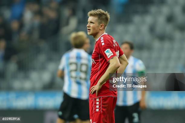 Patrick Weihrauch of FC Wuerzburger Kickers looks dejected during the Second Bundesliga match between TSV 1860 Muenchen and FC Wuerzburger Kickers at...
