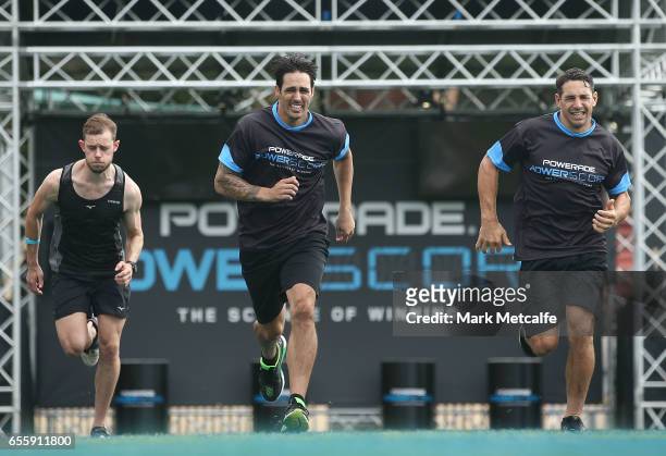 Mitchell Johnson and Billy Slater take part in the endurance test during the Powerade Powerscore Launch Event at North Sydney Oval on March 21, 2017...