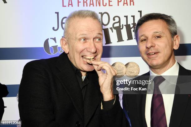 Jean Paul Gaultier and Hotel de La Monnaie CEO Christophe Beaux attend "France By Jean Paul Gaultier": Limited Coin Collection Press Preview At La...