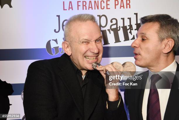 Jean Paul Gaultier and Hotel de La Monnaie CEO Christophe Beaux attend "France By Jean Paul Gaultier": Limited Coin Collection Press Preview At La...