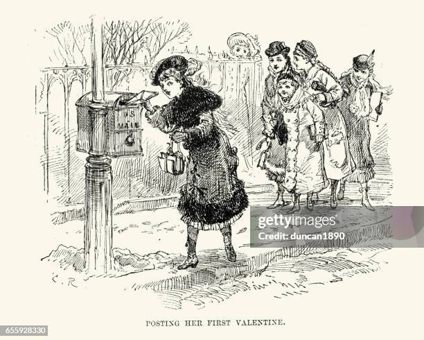 posting her first valentine card, new orleans, 19th century - history stock illustrations