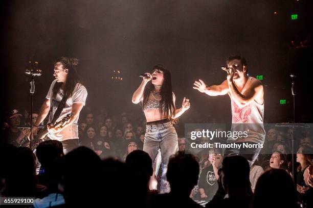 Reid Perry, Kimberly Perry and Neil Perry of The Band Perry perform at El Rey Theatre on March 20, 2017 in Los Angeles, California.