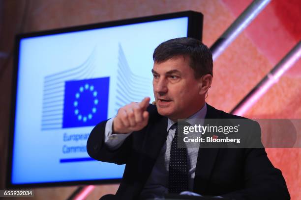 Andrus Ansip, vice president for digital at the European Commission , gestures as he speaks during a fireside chat at the CeBIT 2017 tech fair in...