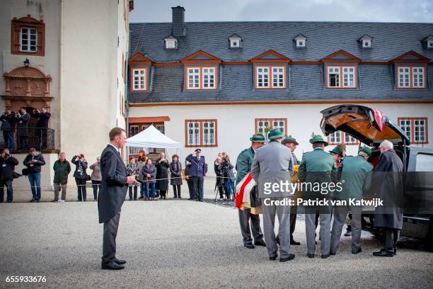 Prince Gustav zu Sayn-Wittgenstein-Berleburg watches the guard of honor loading the casket into the funeral car at the funeral service of Prince...