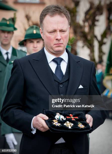 Prince Gustav zu Sayn-Wittgenstein-Berleburg attends the funeral service of Prince Richard zu Sayn-Wittgenstein-Berleburg at the Evangelische...