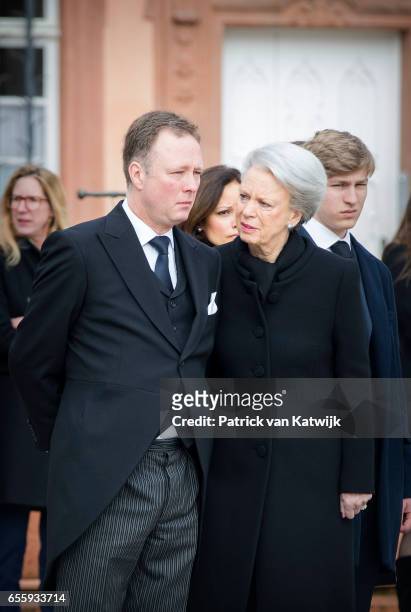 Prince Gustav zu Sayn-Wittgenstein-Berleburg and Princess Benedikte of Denmark attend the funeral service of Prince Richard zu...