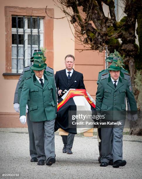 Prince Gustav zu Sayn-Wittgenstein-Berleburg walks behind the casket at the funeral service of Prince Richard zu Sayn-Wittgenstein-Berleburg at the...