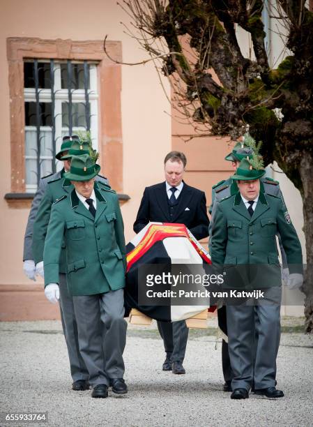Prince Gustav zu Sayn-Wittgenstein-Berleburg walks behind the casket at the funeral service of Prince Richard zu Sayn-Wittgenstein-Berleburg at the...