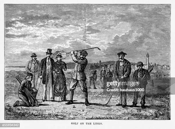 playing the links in st. andrew’s, scotland victorian engraving, 1840 - st andrews golf stock illustrations