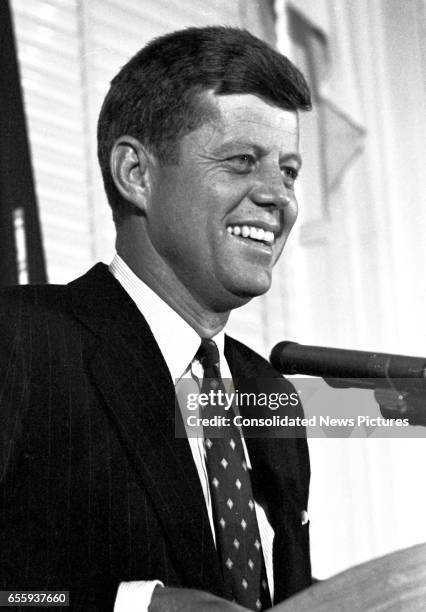 Close-up of American politician US Senator John F Kennedy as he speaks at a National Press Club luncheon , Washington DC, January 14, 1960. Twelve...