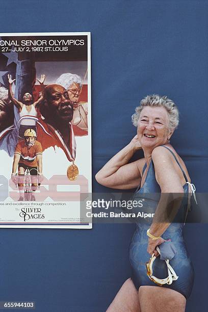Margaret Alper, a contestant in the swimming event at the 1st National Senior Olympics in St Louis, Missouri, July 1987.