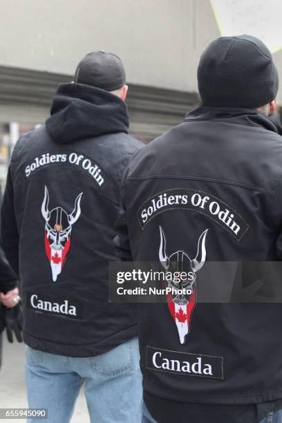 Canadian members of the Soldiers of Odin take part in a demonstration against Islam, Muslims, Sharia Law and M-103 in downtown Toronto, Ontario,...