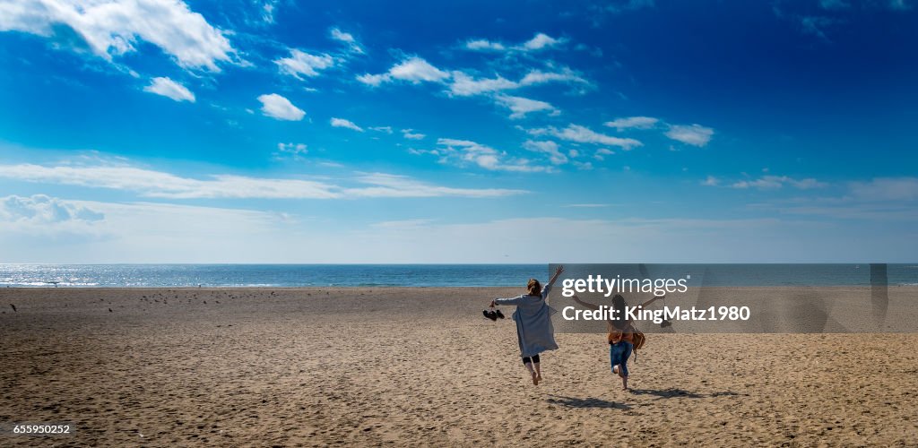 Two women happy running