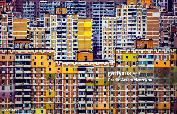 multicolored residential arrays in cloudy weather, day, outdoor - kyiv skyline stock pictures, royalty-free photos & images