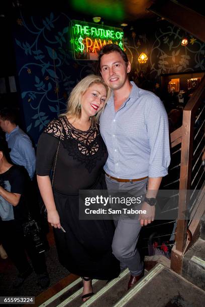 Clare Verall and friend arrives at Pawn & Co on March 21, 2017 in Melbourne, Australia.