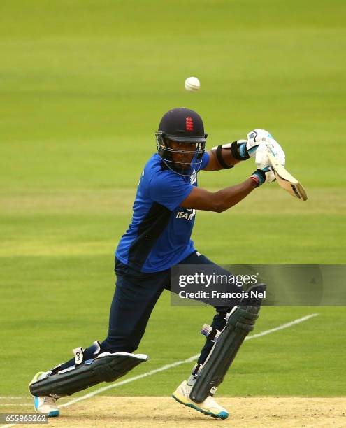 Daniel Bell-Drummond of The South bats during Game Three of the ECB North versus South Series at Zayed Stadium on March 21, 2017 in Abu Dhabi, United...