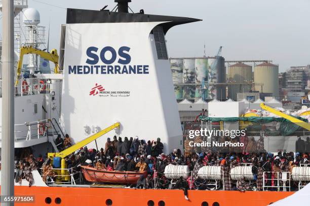 The Aquarius carrying immigrants arrives in the port of Catania, on the island of Sicily on March 21, 2017 after a rescue operation in the...