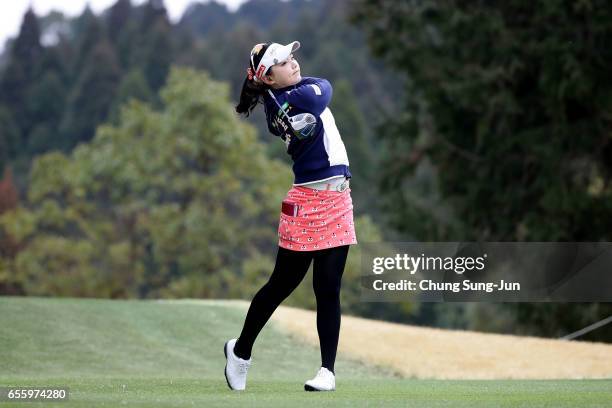 Yuting Seki of China plays a tee shot on the 5th hole in the second round during the T-Point Ladies Golf Tournament at the Wakagi Golf Club on March...