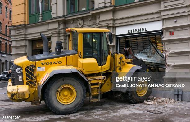 Picture taken on on March 21, 2017 shows a scene of a failed smash and grab attack on a Chanel boutique in Stockholm on March 21, 2017.