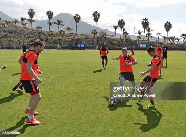 Yan Dhanda and Loris Karius of Liverpool during a training session at Tenerife Top Training on March 21, 2017 in Tenerife, Spain.