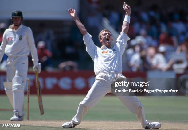 England bowler Dominic Cork appeals successfully for the wicket of South Africa batsman Shaun Pollock during the 4th Test match between South Africa...