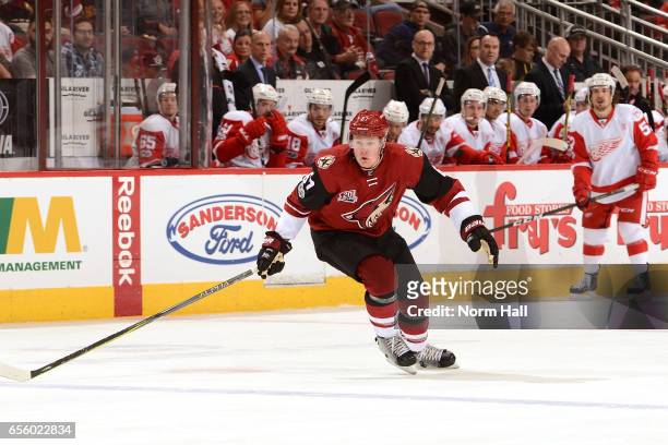 Lawson Crouse of the Arizona Coyotes skates up ice against the Detroit Red Wings at Gila River Arena on March 16, 2017 in Glendale, Arizona.