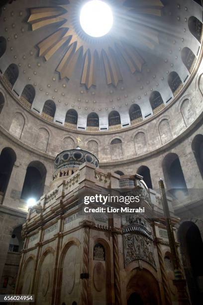 The tomb of Jesus Christ with the rotunda is seen in the Church of the Holy Sepulchre on March 21, 2017 in Jerusalem, Israel. The tomb of Jesus...