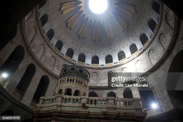 The tomb of Jesus Christ with the rotunda is seen in the Church of the Holy Sepulchre on March 21, 2017 in Jerusalem, Israel. The tomb of Jesus...